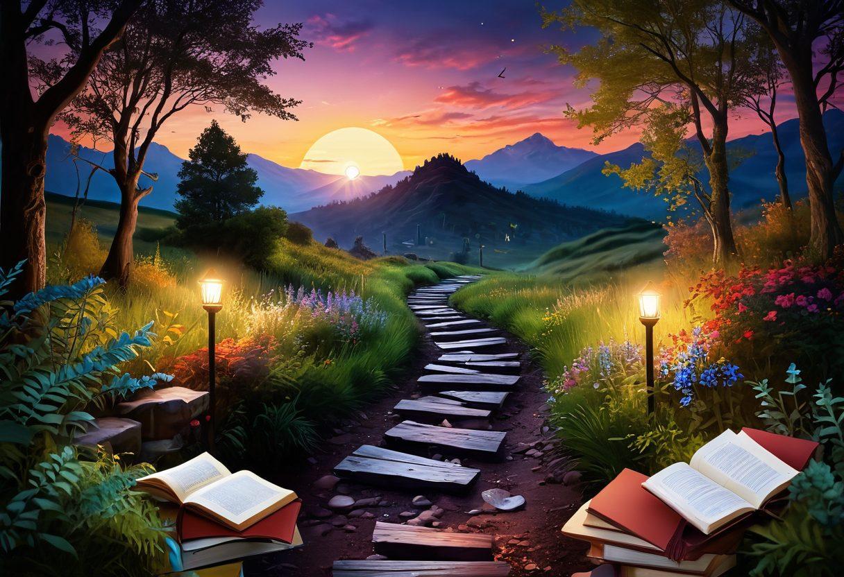 A serene and hopeful pathway leading from a dark, chaotic zone symbolizing diagnosis to a bright and vibrant landscape representing wellness. Along the path, include insightful symbols like books, a compass, and helpful hands guiding the way. Soft, warm colors to evoke a sense of comfort and optimism. super-realistic. vibrant colors. dreamy atmosphere.