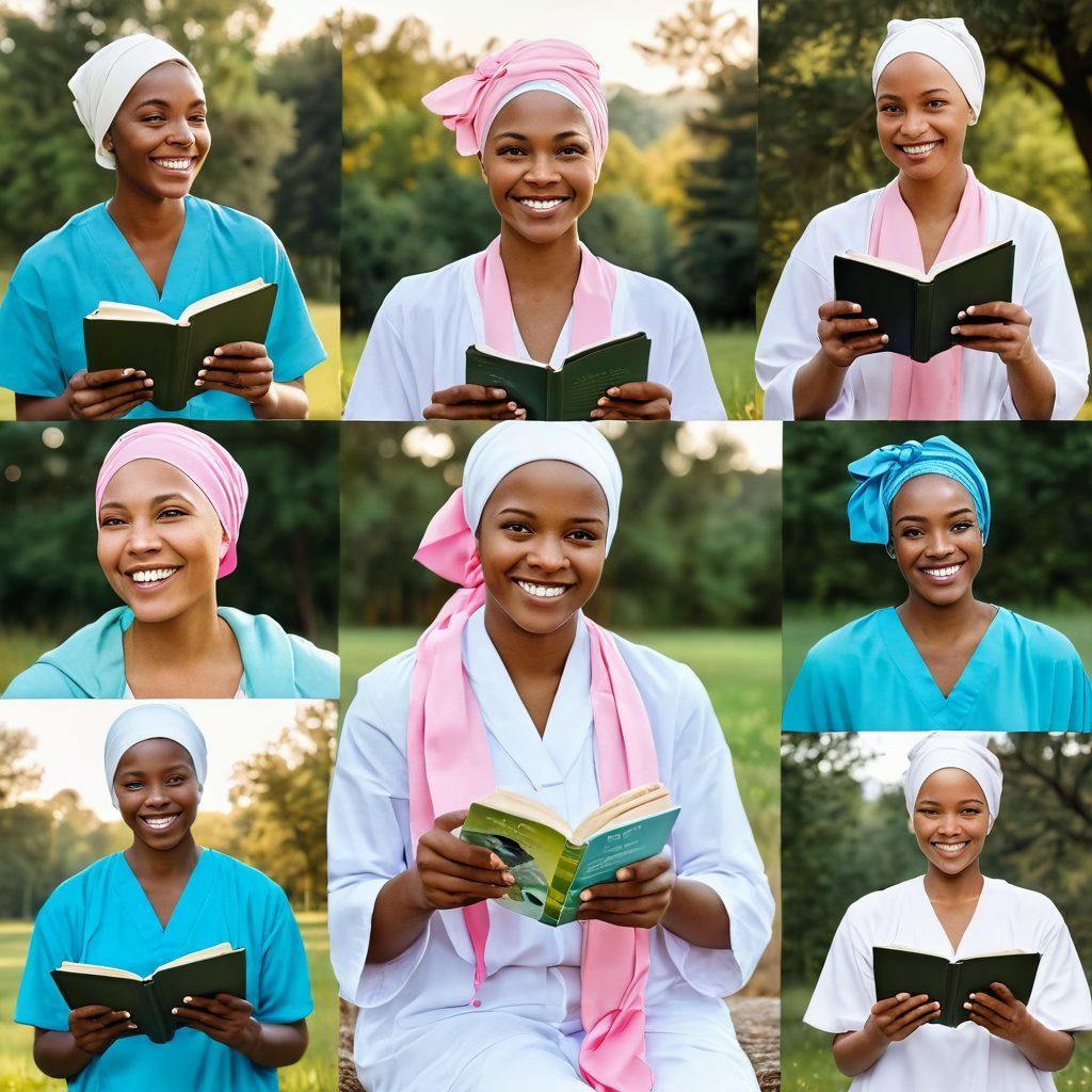 A collage depicting a diverse group of cancer survivors celebrating their journey: a woman with a headscarf holding a survivor ribbon, a man in a hospital gown reading a wellness book, a cheerful child playing with supportive friends, and a serene nature background symbolizing healing. uplifting, warm colors. super-realistic. soft focus.
