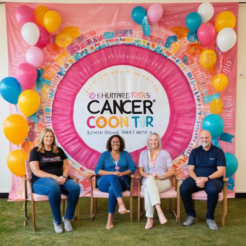 A vibrant gathering of diverse individuals sharing their cancer survivor stories, surrounded by supportive friends and family. The backdrop features a warm, inviting community space with colorful banners and heartfelt messages of hope. Incorporate elements like a circle of chairs, smiling faces, and symbolic ribbons representing cancer awareness. Emphasize a sense of unity and strength among the participants. super-realistic. vibrant colors. warm lighting.